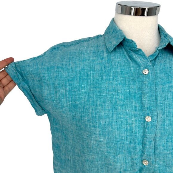 Tahari Turquoise 100% Linen Button-Up Short-Sleeve Shirt Blue Size Small - Picture 3 of 9